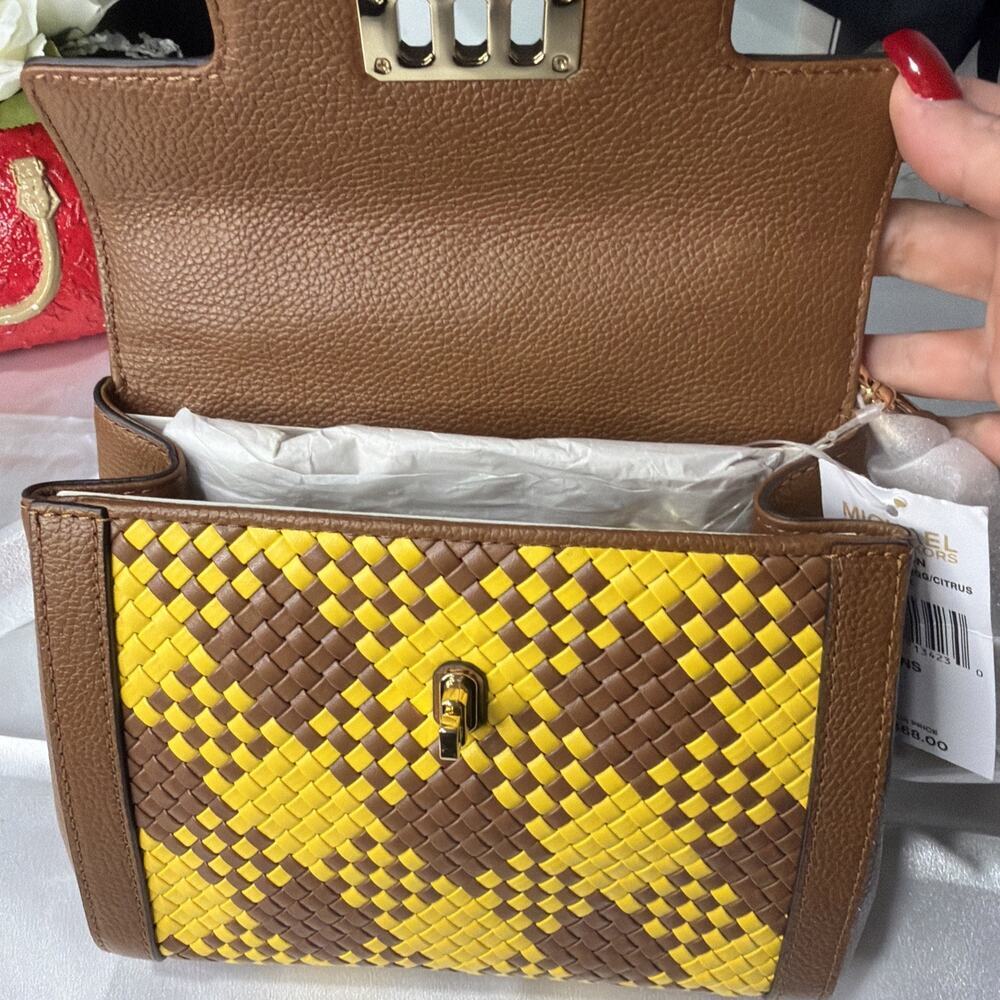Michael Kors Karson Mini Bag Woven Yellow Leather Brown Top Handle B3M - Picture 10 of 13